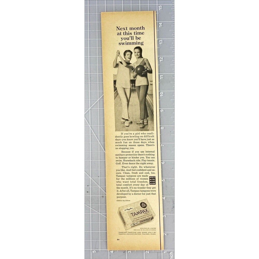 Tampax Tampons "Next Month at this Time you will be Swimming" Vtg Print Ad 1967